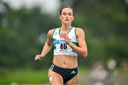 3 August 2025; Ciara Neville of Emerald AC, Limerick, competes in the senior women's 100m semi-finals during day two of the 153rd 123.ie National Track & Field Senior Championships at Morton Stadium in Dublin. Photo by Sam Barnes/Sportsfile