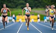 3 August 2025; Ciara Neville of Emerald AC, Limerick, centre, competes in the senior women's 100m semi-finals during day two of the 153rd 123.ie National Track & Field Senior Championships at Morton Stadium in Dublin. Photo by Sam Barnes/Sportsfile