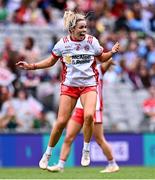 3 August 2025; Jayne Lyons of Tyrone celebrates after her side's victory in the TG4 All-Ireland Ladies Football Intermediate Championship final match between Laois and Tyrone at Croke Park in Dublin. Photo by Piaras Ó Mídheach/Sportsfile