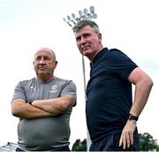 3 August 2025; Waterford head coach John Coleman, left, and St Patrick's Athletic manager Stephen Kenny before the SSE Airtricity Men's Premier Division match between Waterford and St Patrick's Athletic at Regional Sports Centre in Waterford. Photo by Tyler Miller/Sportsfile
