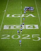 3 August 2025; Dublin players make their way out to the team photograph before the TG4 All-Ireland Ladies Football Senior Championship final match between Dublin and Meath at Croke Park in Dublin. Photo by Seb Daly/Sportsfile