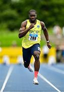 3 August 2025; Bori Akinola of UCD AC, Dublin, competes in the senior men's 100m semi-finals during day two of the 153rd 123.ie National Track & Field Senior Championships at Morton Stadium in Dublin. Photo by Sam Barnes/Sportsfile