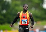 3 August 2025; Israel Olatunde of Tallaght AC, Dublin, competes in the senior men's 100m semi-finals during day two of the 153rd 123.ie National Track & Field Senior Championships at Morton Stadium in Dublin. Photo by Sam Barnes/Sportsfile