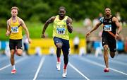 3 August 2025; Bori Akinola of UCD AC, Dublin, competes in the senior men's 100m semi-finals during day two of the 153rd 123.ie National Track & Field Senior Championships at Morton Stadium in Dublin. Photo by Sam Barnes/Sportsfile
