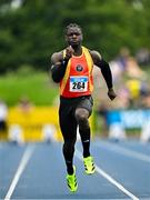 3 August 2025; Israel Olatunde of Tallaght AC, Dublin, competes in the senior men's 100m semi-finals during day two of the 153rd 123.ie National Track & Field Senior Championships at Morton Stadium in Dublin. Photo by Sam Barnes/Sportsfile