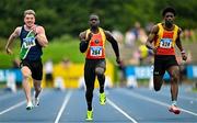 3 August 2025; Israel Olatunde of Tallaght AC, Dublin, centre, competes in the senior men's 100m semi-finals during day two of the 153rd 123.ie National Track & Field Senior Championships at Morton Stadium in Dublin. Photo by Sam Barnes/Sportsfile