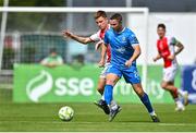 3 August 2025; Jordan Rossiter of Waterford in action against Brandon Kavanagh of St Patrick's Athletic during the SSE Airtricity Men's Premier Division match between Waterford and St Patrick's Athletic at Regional Sports Centre in Waterford. Photo by Tyler Miller/Sportsfile