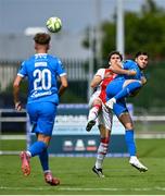 3 August 2025; Grant Horton of Waterford in action against Anto Breslin of St Patrick's Athletic during the SSE Airtricity Men's Premier Division match between Waterford and St Patrick's Athletic at Regional Sports Centre in Waterford. Photo by Tyler Miller/Sportsfile
