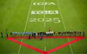 3 August 2025; Players and officials before the TG4 All-Ireland Ladies Football Senior Championship final match between Dublin and Meath at Croke Park in Dublin. Photo by Seb Daly/Sportsfile