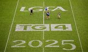 3 August 2025; Vikki Wall of Meath and Niamh Hetherton of Dublin contest for the ball at the throw-in of the TG4 All-Ireland Ladies Football Senior Championship final match between Dublin and Meath at Croke Park in Dublin. Photo by Seb Daly/Sportsfile
