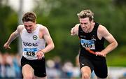 3 August 2025; Niall Carney of Clonliffe Harriers AC, Dublin, right, crosses the line to win the senior men's 400m hurdles final ahead of Briain Cullinan of Sligo AC, left, who finished second, during day two of the 153rd 123.ie National Track & Field Senior Championships at Morton Stadium in Dublin. Photo by Sam Barnes/Sportsfile
