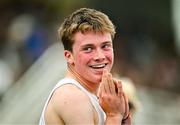 3 August 2025; Briain Cullinan of Sligo AC, reacts after finishing second in the senior men's 400m hurdles during day two of the 153rd 123.ie National Track & Field Senior Championships at Morton Stadium in Dublin. Photo by Sam Barnes/Sportsfile