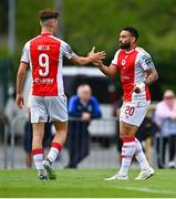 3 August 2025; Mason Melia of St Patrick's Athletic, left, celebrates with team-mate Jake Mulraney after scoring their side's first goal during the SSE Airtricity Men's Premier Division match between Waterford and St Patrick's Athletic at Regional Sports Centre in Waterford. Photo by Tyler Miller/Sportsfile