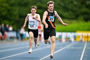 3 August 2025; Niall Carney of Clonliffe Harriers AC, Dublin, right, on his way to winning the senior men's 400m hurdles final ahead of Briain Cullinan of Sligo AC, left, who finished second, during day two of the 153rd 123.ie National Track & Field Senior Championships at Morton Stadium in Dublin. Photo by Sam Barnes/Sportsfile