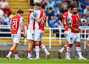 3 August 2025; Mason Melia of St Patrick's Athletic celebrates with team-mate Jamie Lennon after scoring their side's first goal during the SSE Airtricity Men's Premier Division match between Waterford and St Patrick's Athletic at Regional Sports Centre in Waterford. Photo by Tyler Miller/Sportsfile