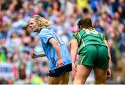3 August 2025; Nicole Owens of Dublin celebrates after scoring her side's first goal during the TG4 All-Ireland Ladies Football Senior Championship final match between Dublin and Meath at Croke Park in Dublin. Photo by Shauna Clinton/Sportsfile