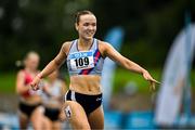 3 August 2025; Cara Murphy of Dundrum South Dublin AC, crosses the line to win the senior women's 400m hurdles final during day two of the 153rd 123.ie National Track & Field Senior Championships at Morton Stadium in Dublin. Photo by Sam Barnes/Sportsfile
