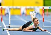 3 August 2025; Niamh Malone of Monaghan Phoenix AC, Monaghan, falls at the final hurdle whilst competing in the senior women's 400m hurdles final during day two of the 153rd 123.ie National Track & Field Senior Championships at Morton Stadium in Dublin. Photo by Sam Barnes/Sportsfile