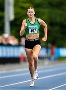 3 August 2025; Ellis McHugh of Ferrybank AC, Waterford, competes in the senior women's 400m hurdles final during day two of the 153rd 123.ie National Track & Field Senior Championships at Morton Stadium in Dublin. Photo by Sam Barnes/Sportsfile