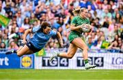 3 August 2025; Vikki Wall of Meath in action against Leah Caffrey of Dublin during the TG4 All-Ireland Ladies Football Senior Championship final match between Dublin and Meath at Croke Park in Dublin. Photo by Piaras Ó Mídheach/Sportsfile