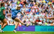 3 August 2025; Nicole Owens of Dublin shoots to score her side's first goal during the TG4 All-Ireland Ladies Football Senior Championship final match between Dublin and Meath at Croke Park in Dublin. Photo by Shauna Clinton/Sportsfile