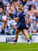 3 August 2025; Dublin goalkeeper Abby Shiels celebrates her side's first goal, scored by team-mate Nicole Owens, during the TG4 All-Ireland Ladies Football Senior Championship final match between Dublin and Meath at Croke Park in Dublin. Photo by Piaras Ó Mídheach/Sportsfile