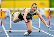 3 August 2025; Niamh Malone of Monaghan Phoenix AC, Monaghan, falls at the final hurdle whilst competing in the senior women's 400m hurdles final during day two of the 153rd 123.ie National Track & Field Senior Championships at Morton Stadium in Dublin. Photo by Sam Barnes/Sportsfile
