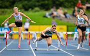3 August 2025; Niamh Malone of Monaghan Phoenix AC, Monaghan, falls at the final hurdle whilst competing in the senior women's 400m hurdles final during day two of the 153rd 123.ie National Track & Field Senior Championships at Morton Stadium in Dublin. Photo by Sam Barnes/Sportsfile
