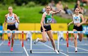 3 August 2025; Niamh Malone of Monaghan Phoenix AC, Monaghan, falls at the final hurdle whilst competing in the senior women's 400m hurdles final during day two of the 153rd 123.ie National Track & Field Senior Championships at Morton Stadium in Dublin. Photo by Sam Barnes/Sportsfile