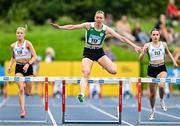 3 August 2025; Niamh Malone of Monaghan Phoenix AC, Monaghan, falls at the final hurdle whilst competing in the senior women's 400m hurdles final during day two of the 153rd 123.ie National Track & Field Senior Championships at Morton Stadium in Dublin. Photo by Sam Barnes/Sportsfile