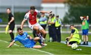 3 August 2025; Mason Melia of St Patrick's Athletic is tackled by Darragh Leahy of Waterford during the SSE Airtricity Men's Premier Division match between Waterford and St Patrick's Athletic at Regional Sports Centre in Waterford. Photo by Tyler Miller/Sportsfile
