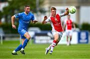 3 August 2025; Brandon Kavanagh of St Patrick's Athletic in action against Jordan Rossiter of Waterford during the SSE Airtricity Men's Premier Division match between Waterford and St Patrick's Athletic at Regional Sports Centre in Waterford. Photo by Tyler Miller/Sportsfile