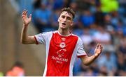 3 August 2025; Mason Melia of St Patrick's Athletic reacts to a missed opportunity on goal during the SSE Airtricity Men's Premier Division match between Waterford and St Patrick's Athletic at Regional Sports Centre in Waterford. Photo by Tyler Miller/Sportsfile