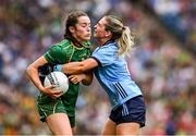 3 August 2025; Marion Farrelly of Meath in action against Martha Byrne of Dublin during the TG4 All-Ireland Ladies Football Senior Championship final match between Dublin and Meath at Croke Park in Dublin. Photo by Piaras Ó Mídheach/Sportsfile
