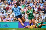 3 August 2025; Niamh Hetherton of Dublin celebrates after scoring her side's second goal during the TG4 All-Ireland Ladies Football Senior Championship final match between Dublin and Meath at Croke Park in Dublin. Photo by Shauna Clinton/Sportsfile