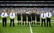 3 August 2025; Referee Gus Chapman, centre, with his officials before the TG4 All-Ireland Ladies Football Senior Championship final match between Dublin and Meath at Croke Park in Dublin. Photo by Shauna Clinton/Sportsfile