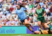 3 August 2025; Niamh Hetherton of Dublin celebrates after scoring her side's second goal during the TG4 All-Ireland Ladies Football Senior Championship final match between Dublin and Meath at Croke Park in Dublin. Photo by Shauna Clinton/Sportsfile
