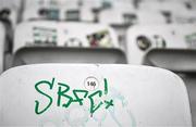 3 August 2025; A Shamrock Rovers graffiti tag is seen on the seating in Tallaght Stadium before the SSE Airtricity Men's Premier Division match between Shamrock Rovers and Derry City at Tallaght Stadium in Dublin.  Photo by Ben McShane/Sportsfile
