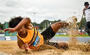 3 August 2025; Reece Ademola of Leevale AC, Cork, competes in the senior men's long jump during day two of the 153rd 123.ie National Track & Field Senior Championships at Morton Stadium in Dublin. Photo by Sam Barnes/Sportsfile