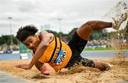 3 August 2025; Reece Ademola of Leevale AC, Cork, competes in the senior men's long jump during day two of the 153rd 123.ie National Track & Field Senior Championships at Morton Stadium in Dublin. Photo by Sam Barnes/Sportsfile