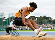 3 August 2025; Reece Ademola of Leevale AC, Cork, competes in the senior men's long jump during day two of the 153rd 123.ie National Track & Field Senior Championships at Morton Stadium in Dublin. Photo by Sam Barnes/Sportsfile
