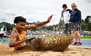 3 August 2025; Reece Ademola of Leevale AC, Cork, competes in the senior men's long jump during day two of the 153rd 123.ie National Track & Field Senior Championships at Morton Stadium in Dublin. Photo by Sam Barnes/Sportsfile