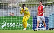 3 August 2025; St Patrick's Athletic goalkeeper Joseph Anang reacts during the SSE Airtricity Men's Premier Division match between Waterford and St Patrick's Athletic at Regional Sports Centre in Waterford. Photo by Tyler Miller/Sportsfile
