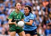3 August 2025; Sarah Wall of Meath in action against Leah Caffrey of Dublin during the TG4 All-Ireland Ladies Football Senior Championship final match between Dublin and Meath at Croke Park in Dublin. Photo by Piaras Ó Mídheach/Sportsfile