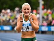 3 August 2025; Sarah Lavin of Emerald AC, Limerick, after winning the senior women's 100m hurdles final during day two of the 153rd 123.ie National Track & Field Senior Championships at Morton Stadium in Dublin. Photo by Sam Barnes/Sportsfile