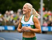 3 August 2025; Sarah Lavin of Emerald AC, Limerick, after winning the senior women's 100m hurdles final during day two of the 153rd 123.ie National Track & Field Senior Championships at Morton Stadium in Dublin. Photo by Sam Barnes/Sportsfile