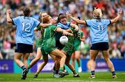 3 August 2025; Kate Sullivan of Dublin in action against Meath players Karla Kealy, left, and Megan Thynne during the TG4 All-Ireland Ladies Football Senior Championship final match between Dublin and Meath at Croke Park in Dublin. Photo by Seb Daly/Sportsfile