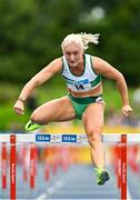 3 August 2025; Sarah Lavin of Emerald AC, Limerick, centre, on her way to winning the senior women's 100m hurdles final  during day two of the 153rd 123.ie National Track & Field Senior Championships at Morton Stadium in Dublin. Photo by Sam Barnes/Sportsfile
