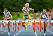 3 August 2025; Sarah Lavin of Emerald AC, Limerick, centre, on her way to winning the senior women's 100m hurdles final  during day two of the 153rd 123.ie National Track & Field Senior Championships at Morton Stadium in Dublin. Photo by Sam Barnes/Sportsfile