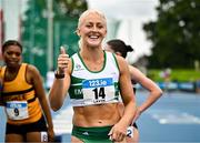 3 August 2025; Sarah Lavin of Emerald AC, Limerick, after winning the senior women's 100m hurdles final  during day two of the 153rd 123.ie National Track & Field Senior Championships at Morton Stadium in Dublin. Photo by Sam Barnes/Sportsfile